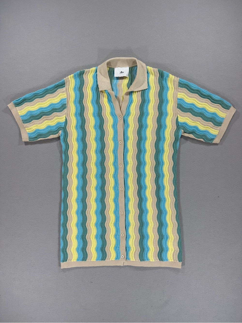 yllw the label Felix Knit Dress Blue Yellow Wave Stripe Button Collared Retro - Picture 6 of 15